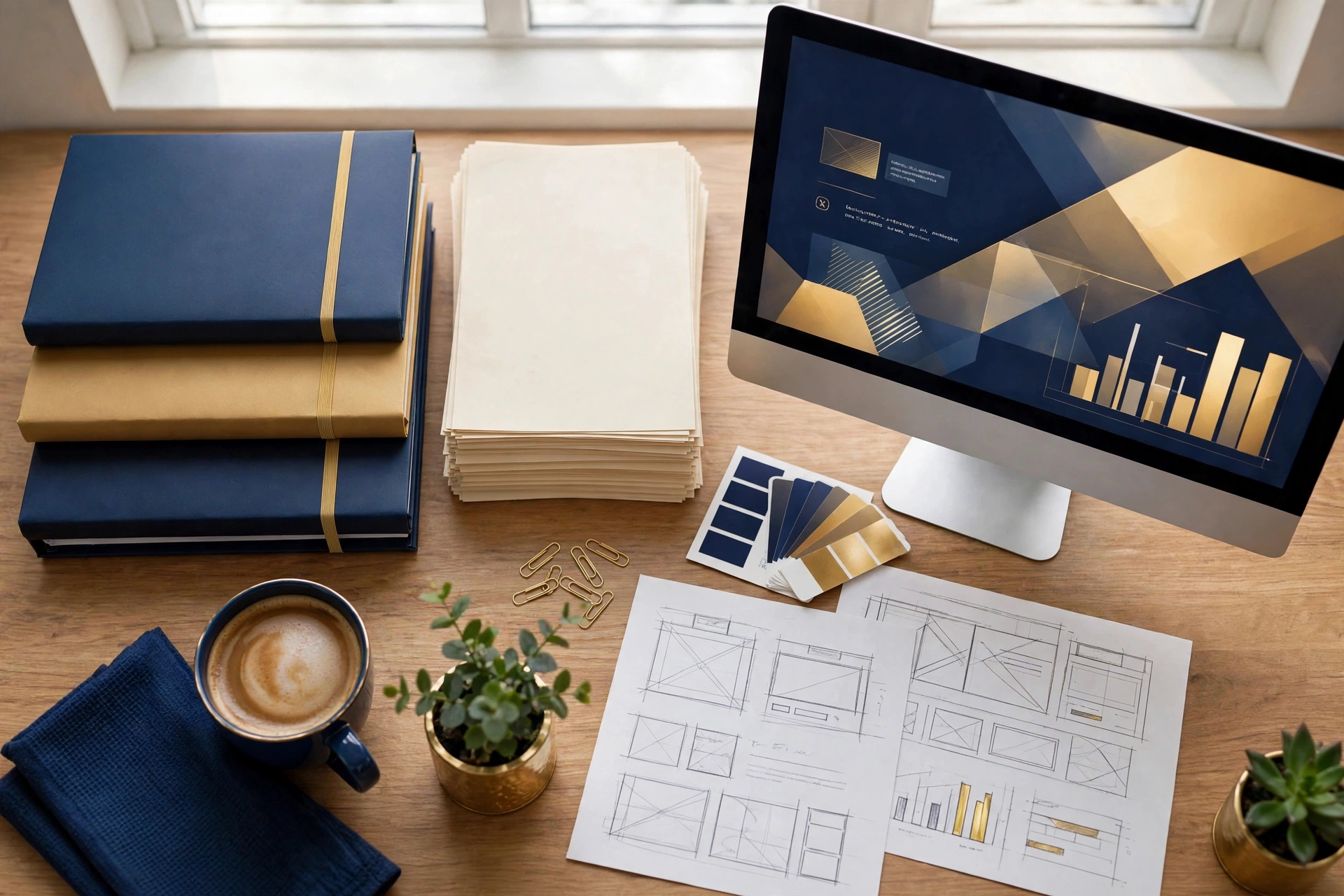 A digital marketing studio workspace with a website design on screen