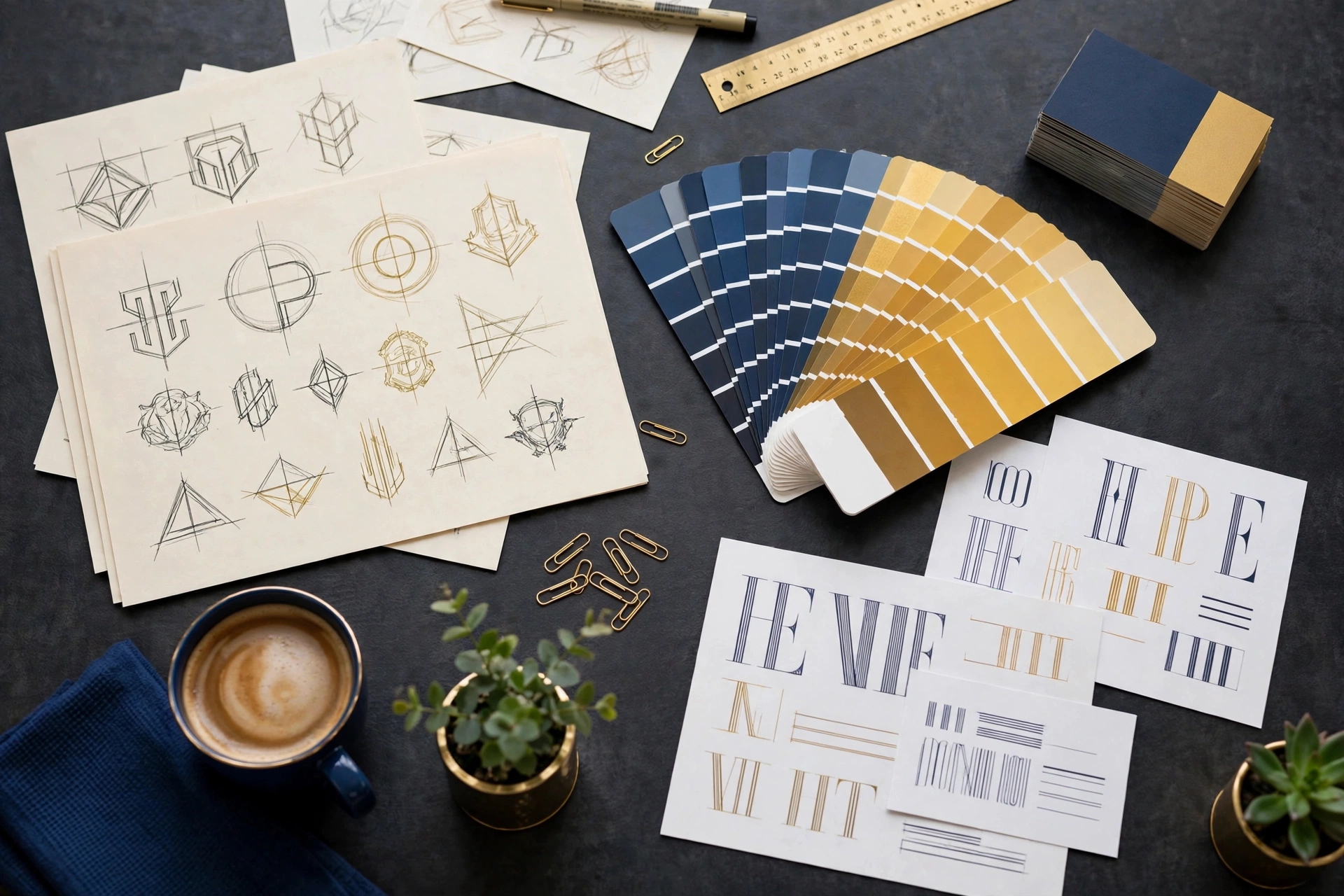 Brand identity design materials on a designer's desk