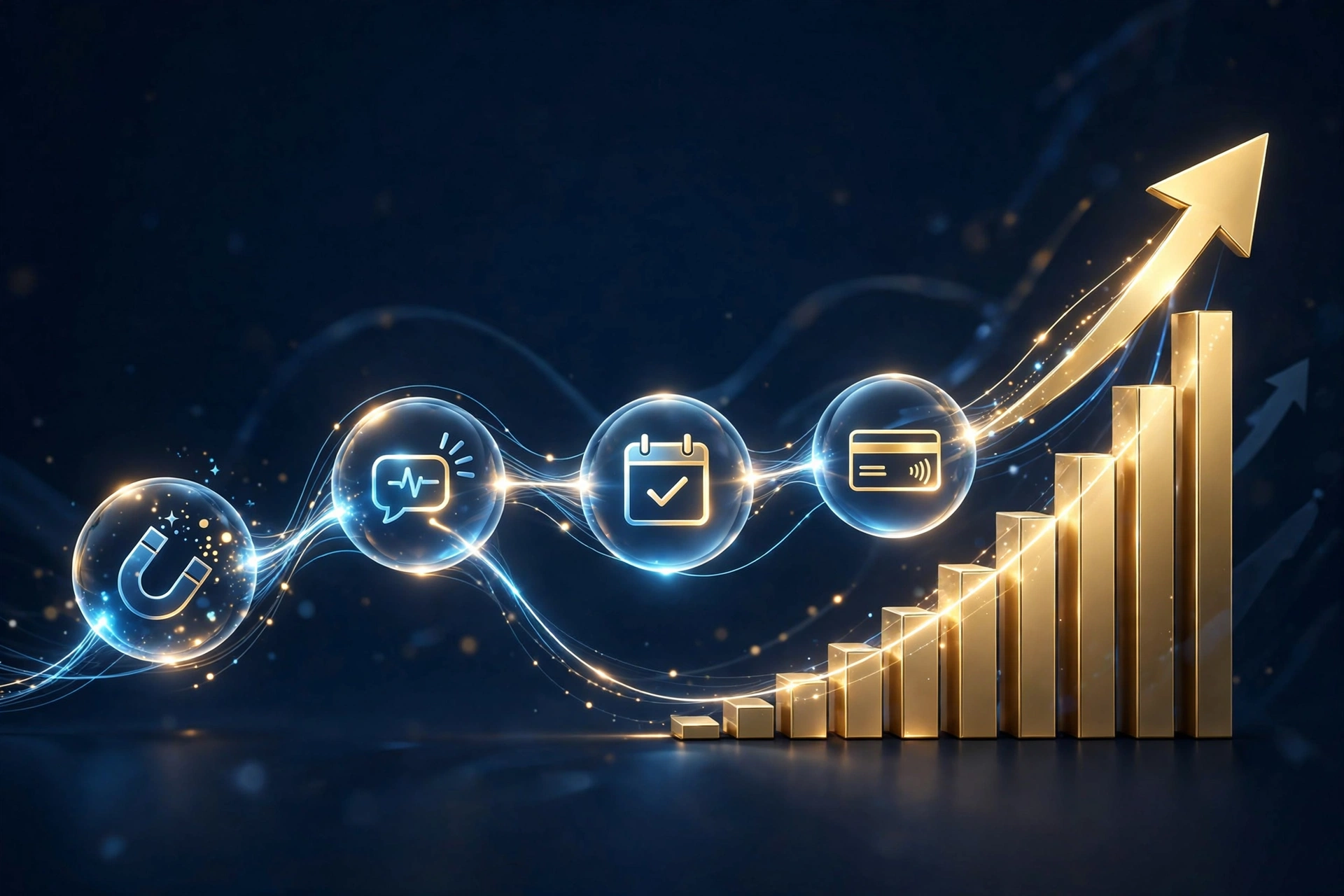 An automated client growth system flowing into a rising chart